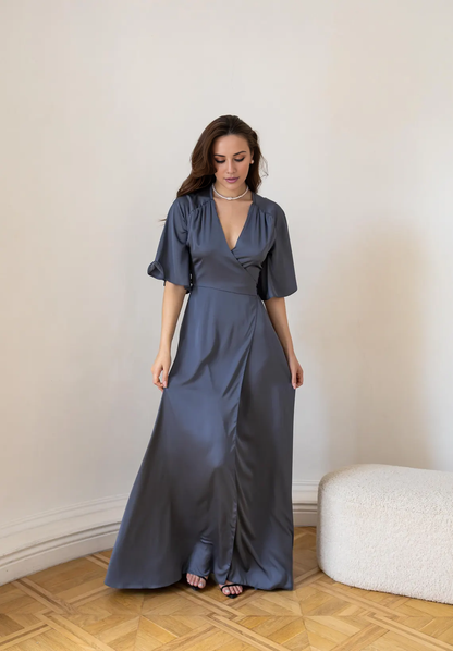 Jimiss deep V-neck short sleeved satin slit and floor length Prom dress