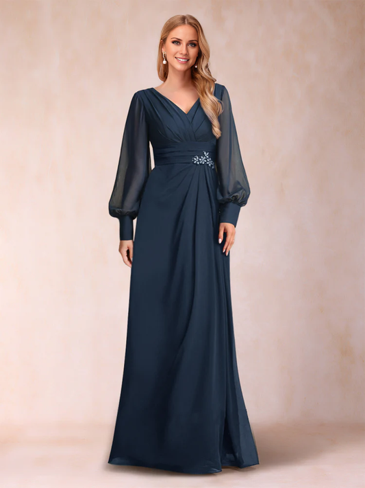 A-line Princess long sleeved V-neck mother of the bride dress