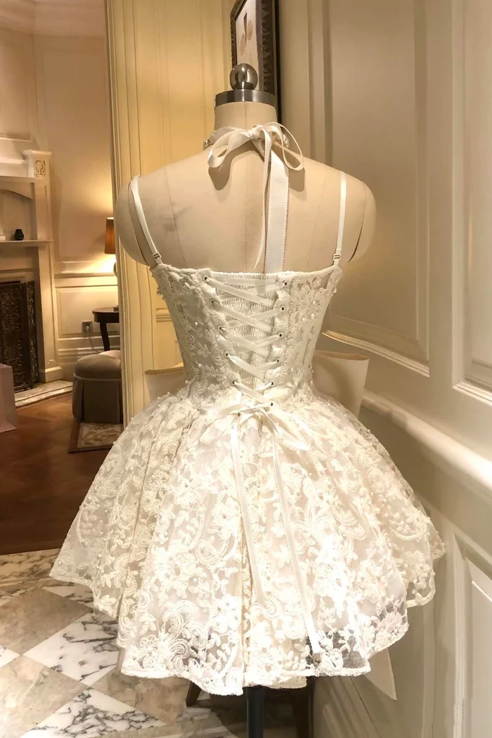 White Lace Bow Spaghetti Strap Homecoming Dress with Flare Mini Skirt