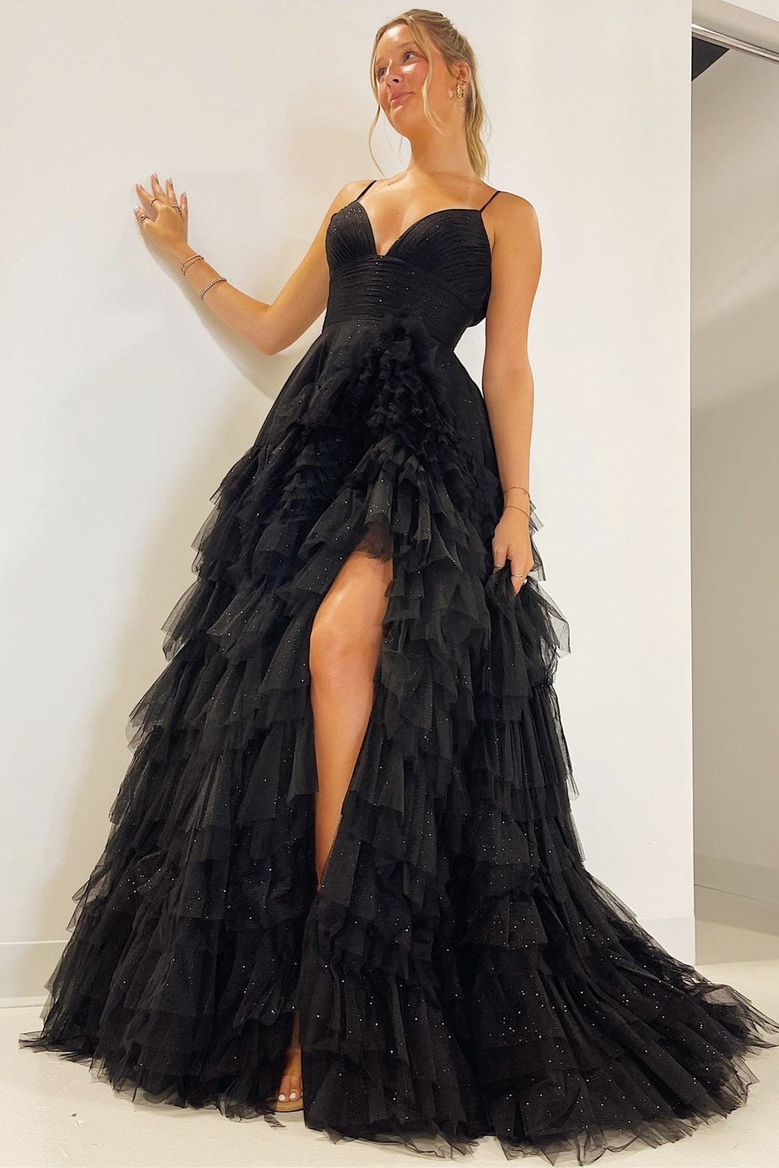 Pink Tulle High-Waist Tiered Long Prom Dress with Ruffles