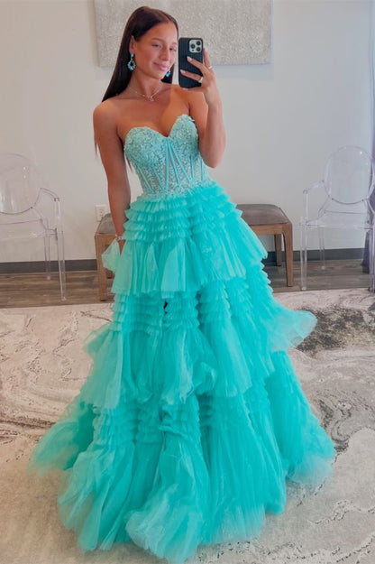 Strapless Tulle Sweetheart Tiered A-Line Long Prom Dress with Ruffles