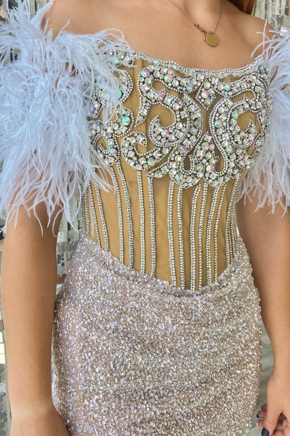 Silver Sequin Off-the-Shoulder Beaded Short Dress with Feathers
