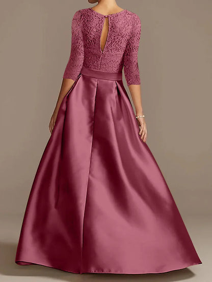 A-line/Princess with low round neck and half sleeves with ruffled edges mother of bride dress