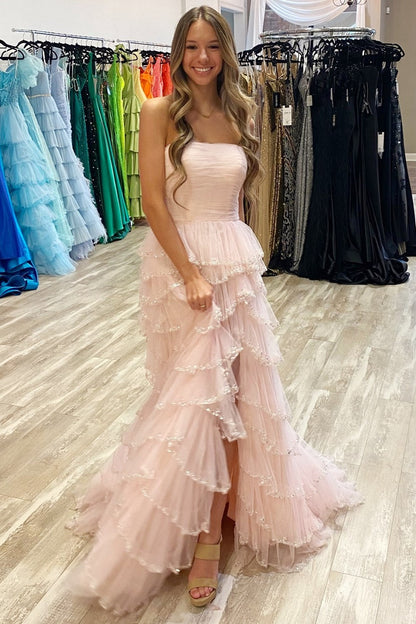 Black Tulle Strapless Ruffle Beaded Long Prom Dress with Slit