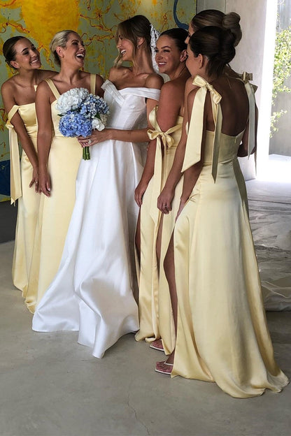 Light Yellow Straps A-Line Bridesmaid Dress with Slit