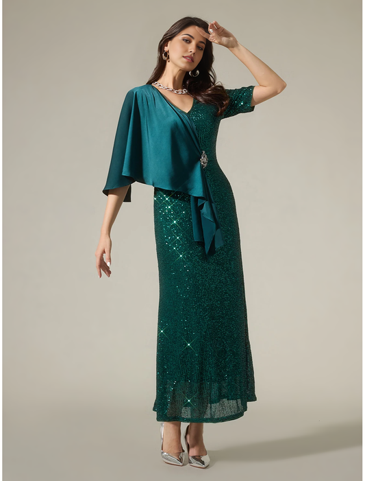 Sparkly Satin Sequin Mismatched Short Sleeve Maxi Dress Mother of the Bride Dresses