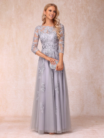 A-line princess transparent collar half sleeve long style adorned with bead and decal mother of the bride dress