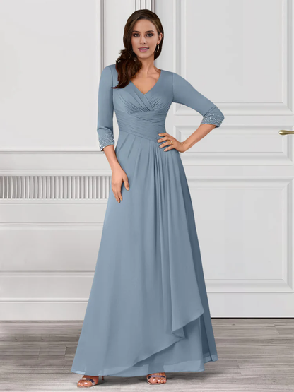 A-line/princess V-neck 3/4 sleeve ruffle hem mother of the bride dress