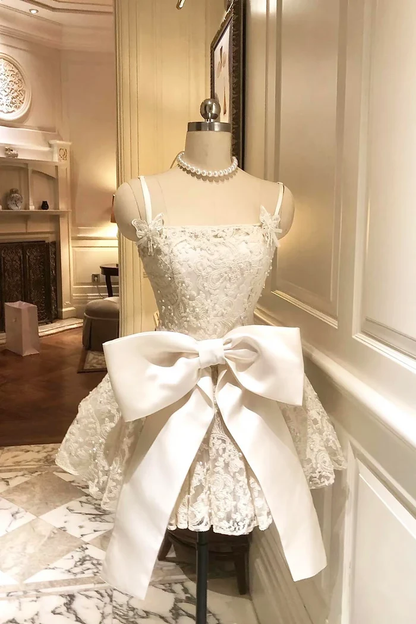 White Lace Bow Spaghetti Strap Homecoming Dress with Flare Mini Skirt