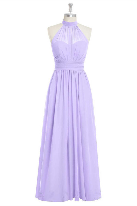 Lavender Chiffon Halter A-Line Long Bridesmaid Dress