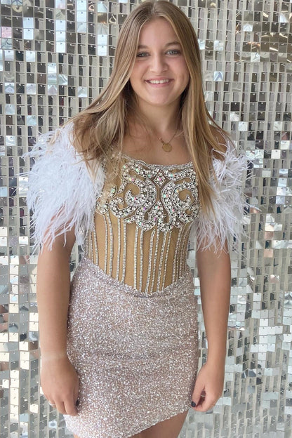 Silver Sequin Off-the-Shoulder Beaded Short Dress with Feathers