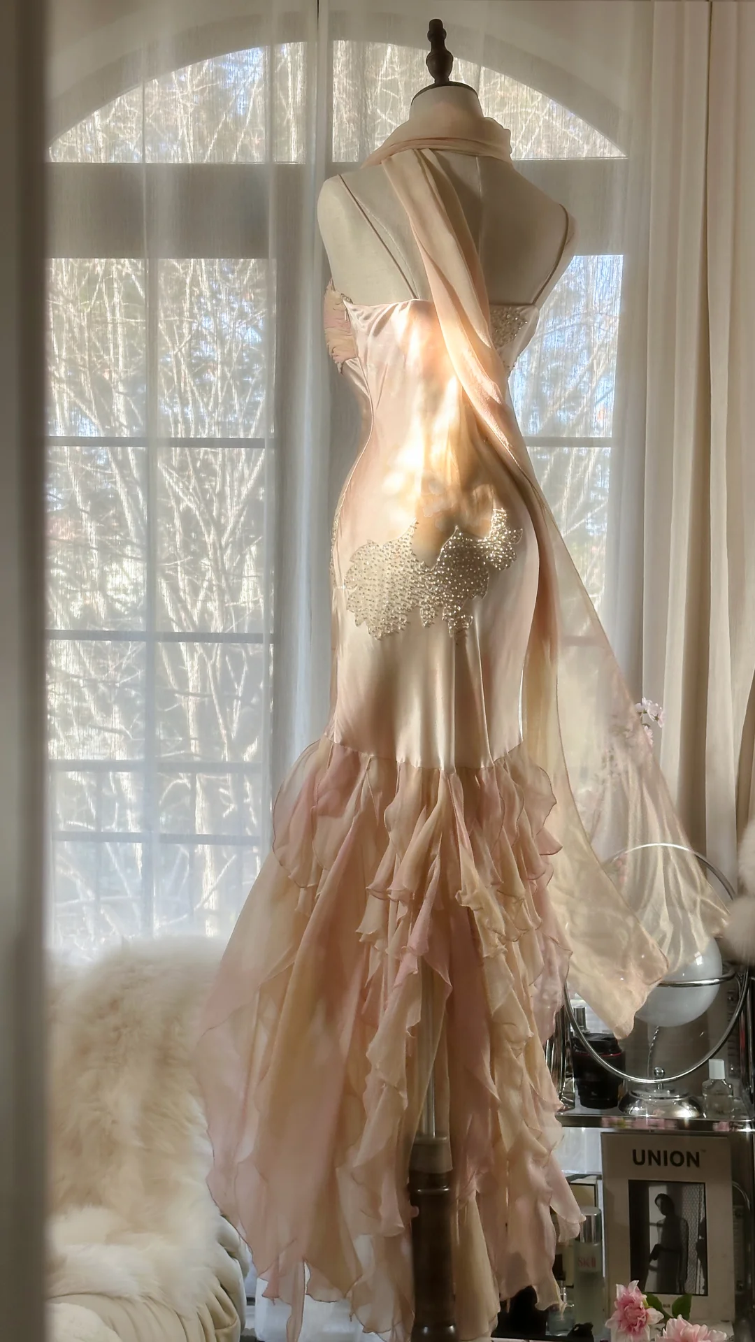 Fairy Pink Spaghetti Straps Mermaid Beaded Long Evening Dresses Birthday Outfits, HZ0319