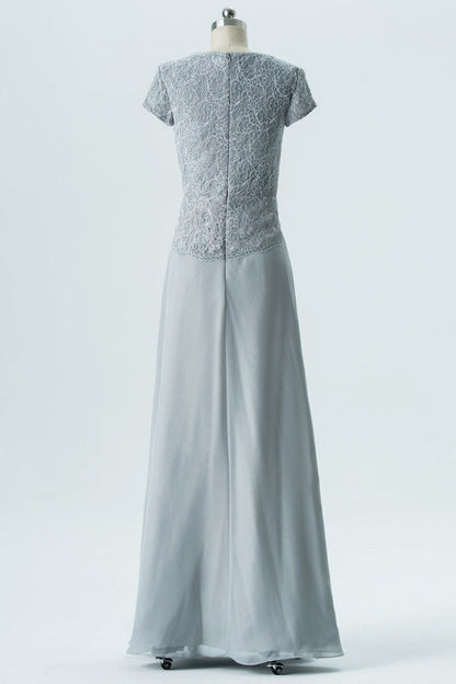 Grey Chiffon Short Sleeve Wrap Bridesmaid Dress