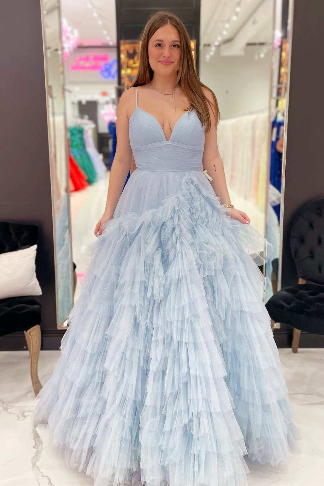 Pink Tulle High-Waist Tiered Long Prom Dress with Ruffles