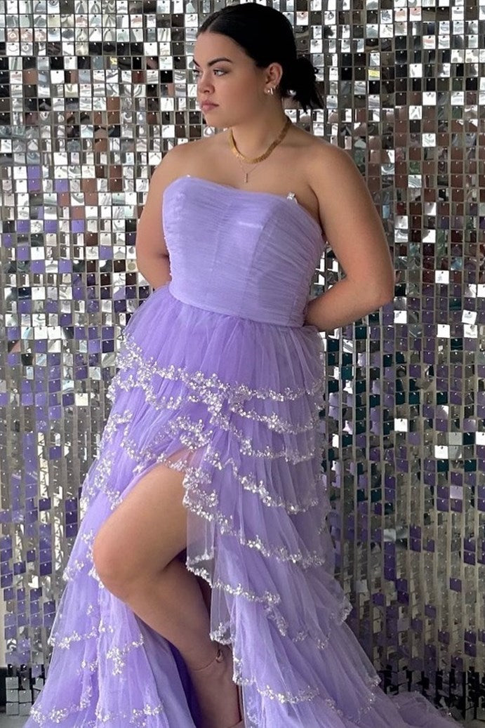 Black Tulle Strapless Ruffle Beaded Long Prom Dress with Slit
