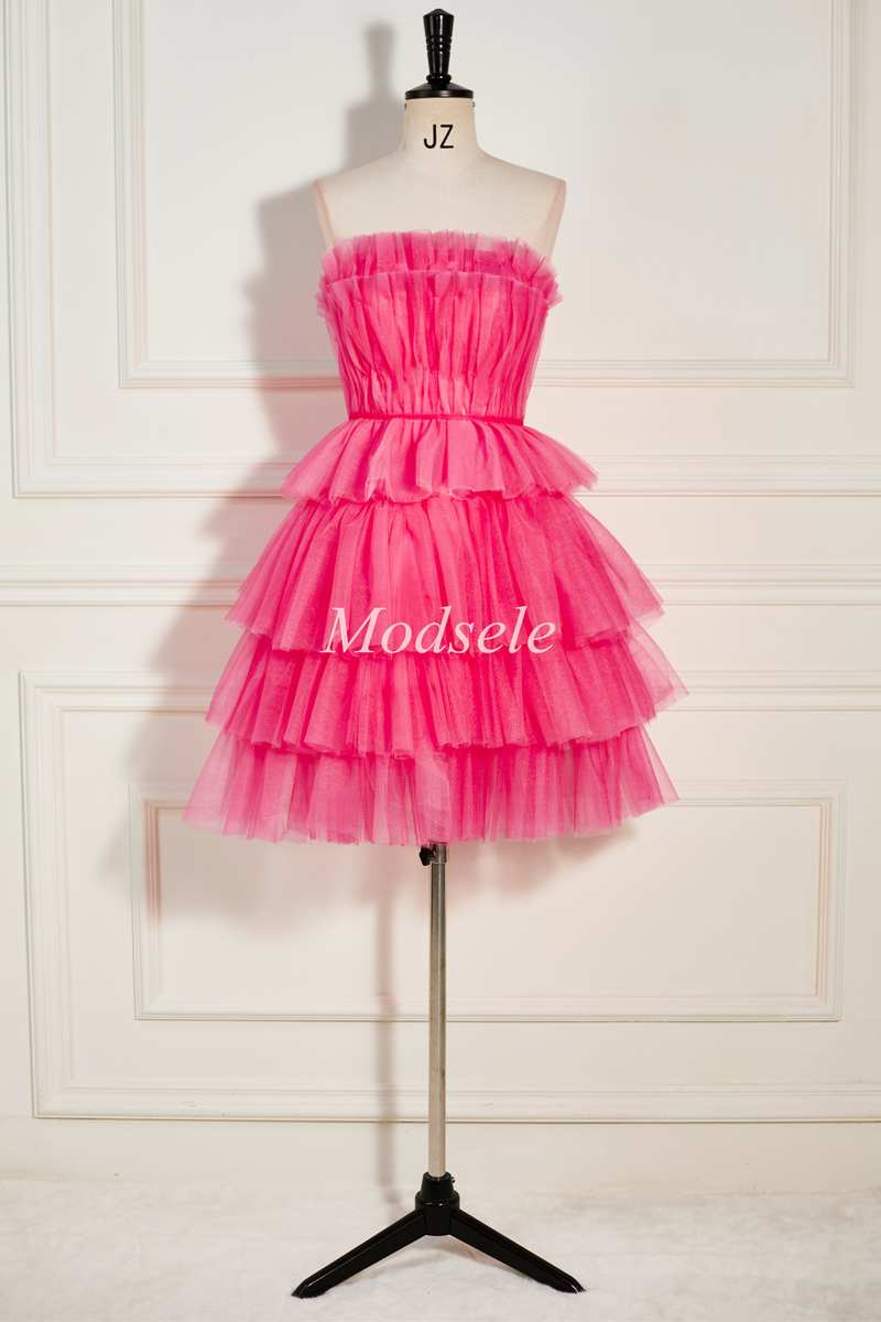 Hot Pink Strapless Tiered A-Line Short Party Dress with Ruffles
