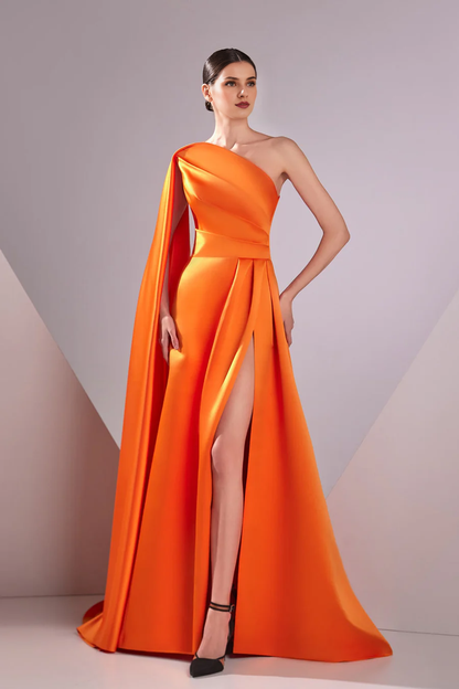 A-line evening gown elegant formal and floor length sleeveless single shoulder pocket satin pleated 2025 gowns evening dresses