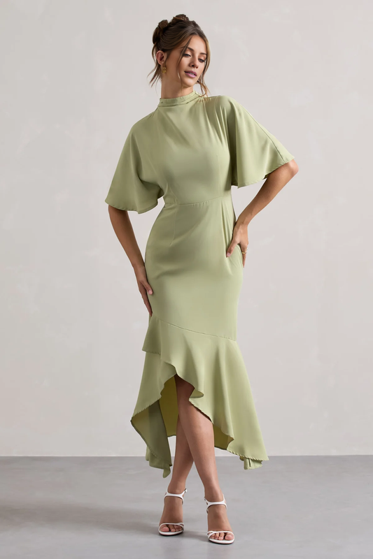 High neck ruffle sleeves asymmetrical hem and floor length evening dress - Jimiss Dress