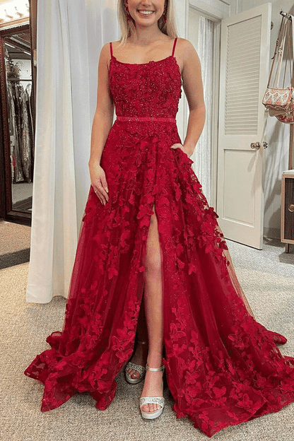 Red Spaghetti Straps Appliques Floral A-Line Long Prom Dress with Slit