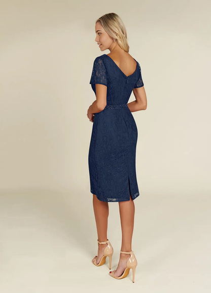 Sheath V-Neck Lace Short Sleeve Dark Navy Mother of the Bride Dresses