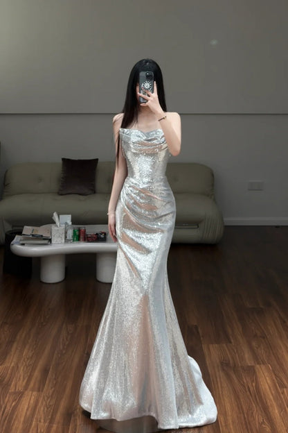 Luxury Shimmer Style Silver Sequin Strapless Mermaid Gown - Dinner & Red Carpet Gorgeous Dress gh6566