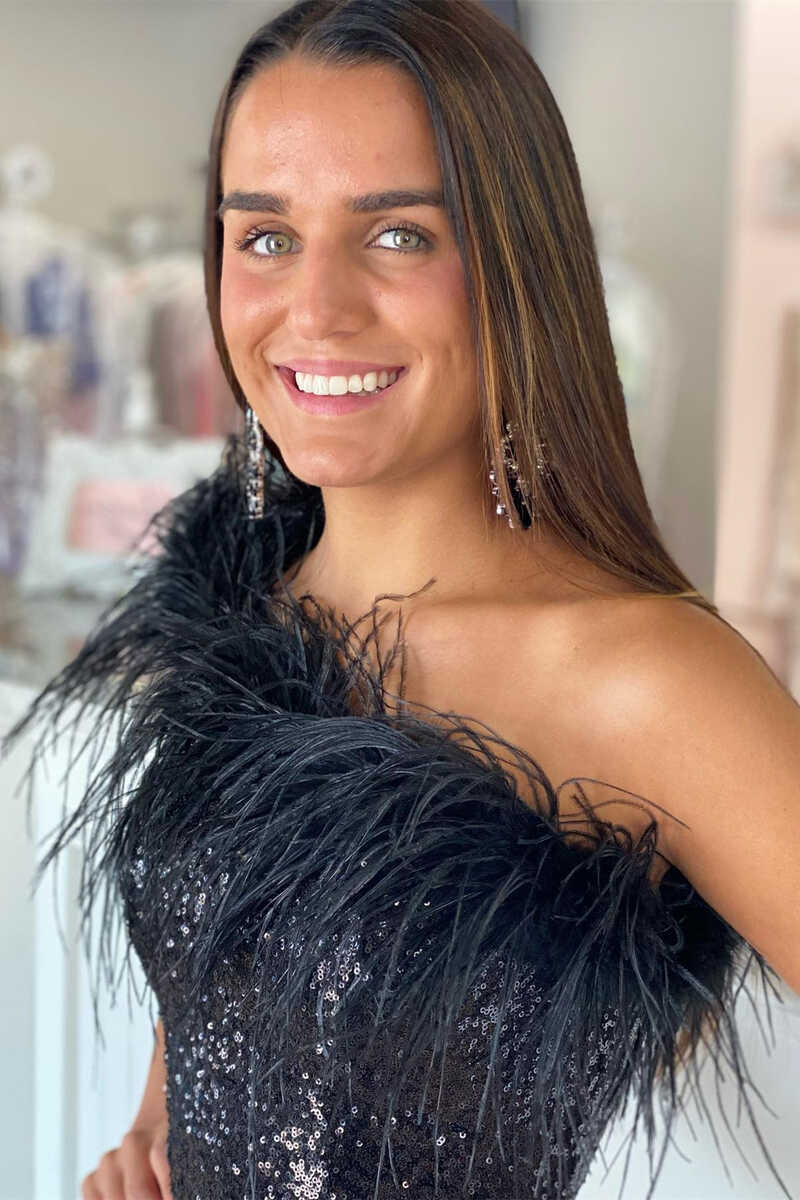 One-Shoulder Light Blue Sequins Feather Mini Homecoming Dress