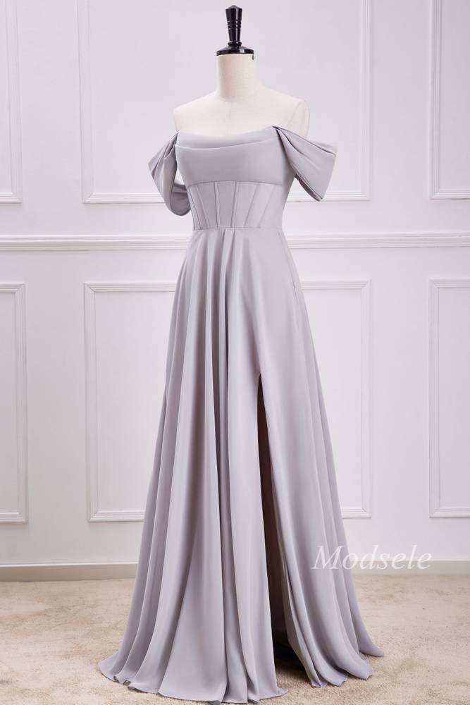 Gray Chiffon Off-the-Shoulder Maxi Dress with Slit