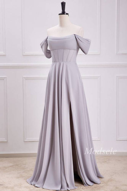 Gray Chiffon Off-the-Shoulder Maxi Dress with Slit