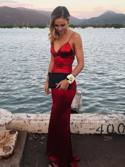 Jimiss Mermaid V-neck backless satin long Prom dress