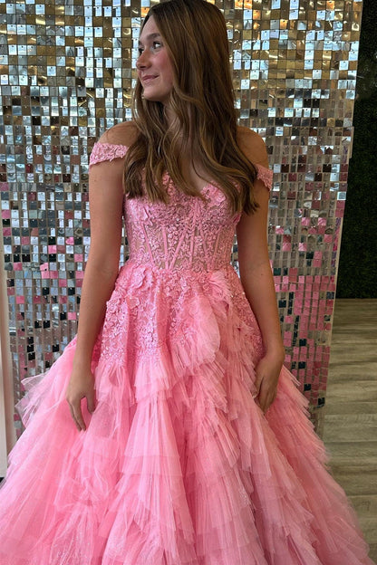 Light Blue Appliques Off-the-Shoulder Ruffle Tiered Long Prom Dress