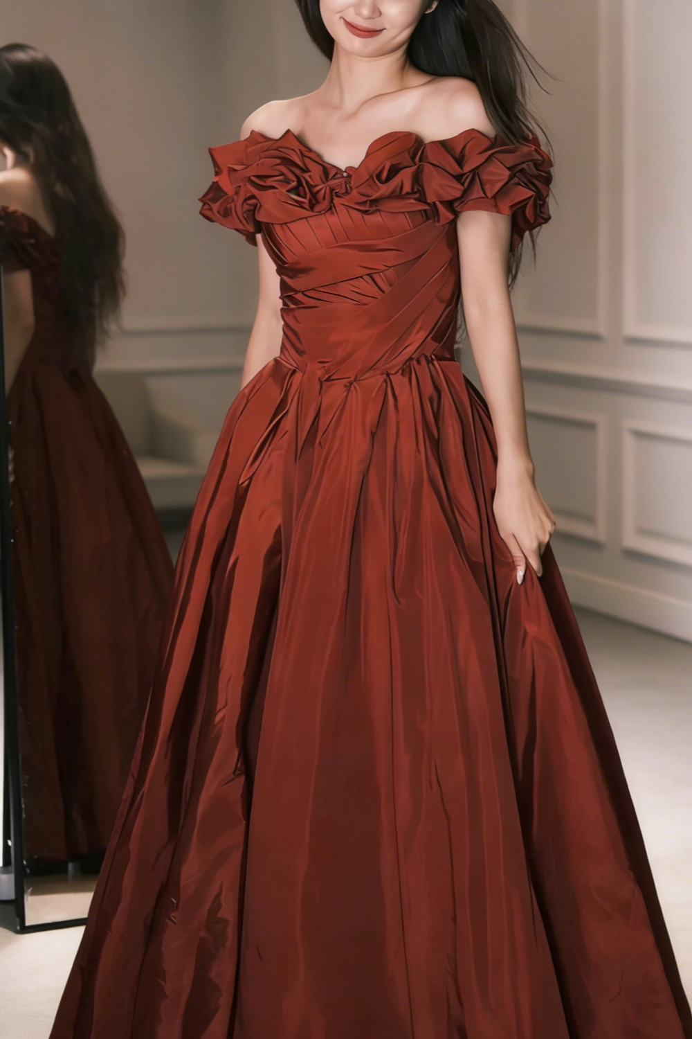 Flower Off-the-shoulder Gown - Waist-Cinched Ball Gown gh6945