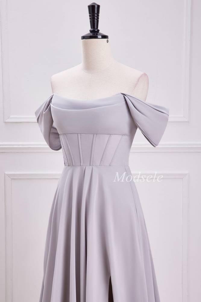 Gray Chiffon Off-the-Shoulder Maxi Dress with Slit