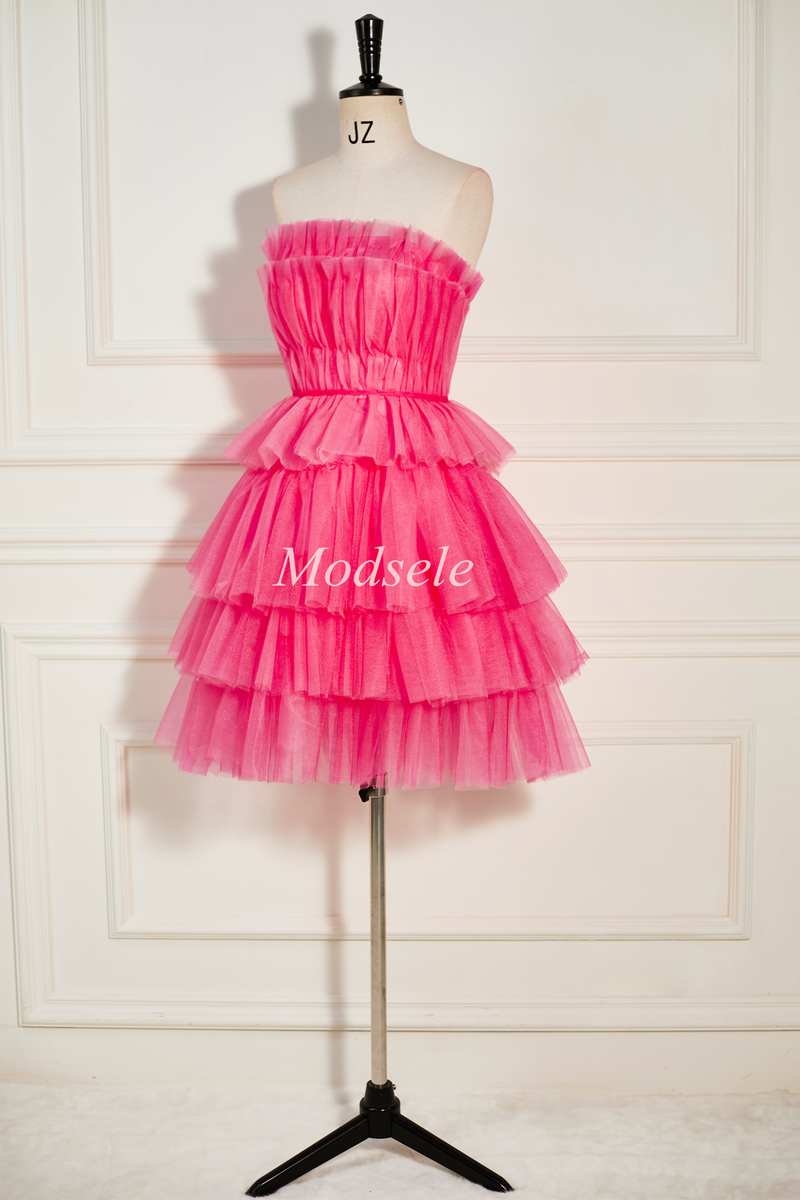 Hot Pink Strapless Tiered A-Line Short Party Dress with Ruffles