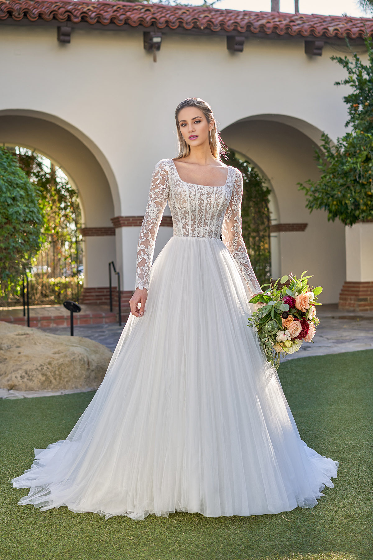 A-line square collar embroidered lace chiffon and floor length wedding dress