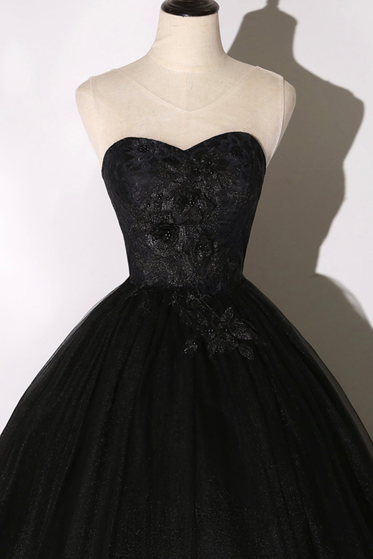 Black Delicate Lace Floral A-Line Long Tulle Ball Gown Evening Dress 8641
