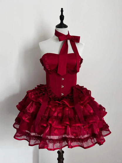 Girlhomeshops-Red Princess Lace Fashion Short Tulle Homecoming Dress Birthday Party Dress gh5415