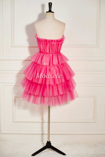 Hot Pink Strapless Tiered A-Line Short Party Dress with Ruffles