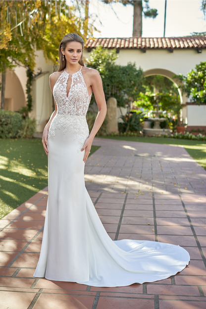 Embroidered lace tight corset with slim fit horn and floor length wedding dress