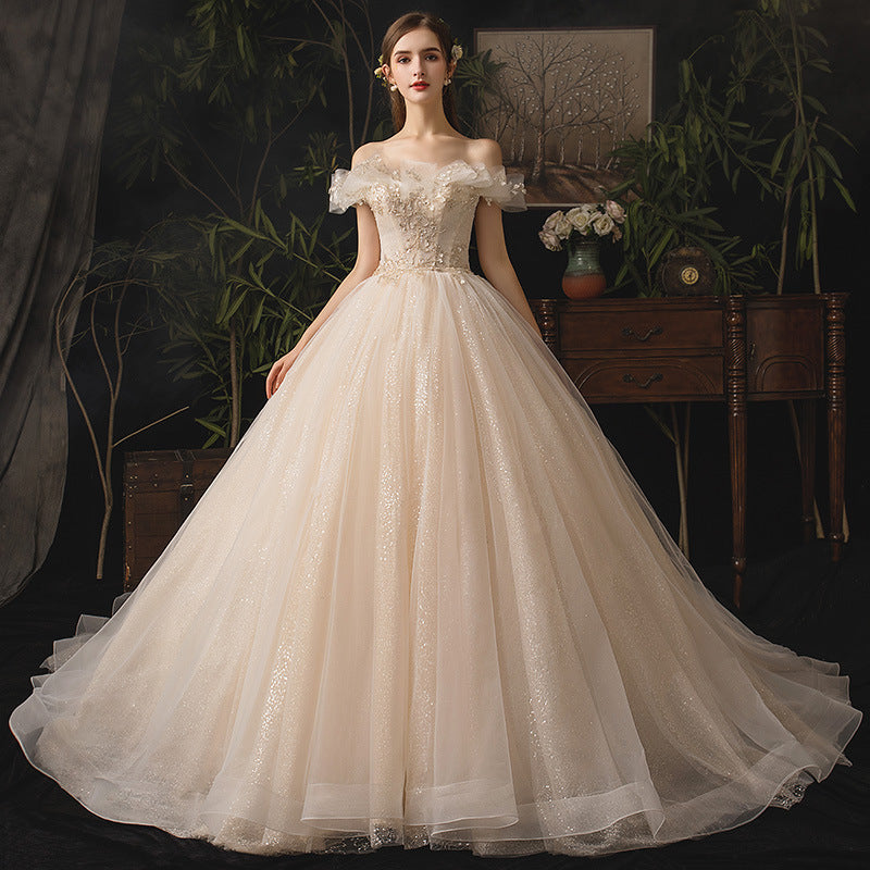 Champagne tulle sequins long ball gown dress formal dress  10249