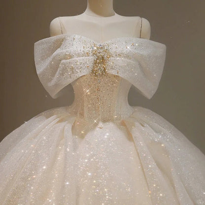 Girlhomeshops-White Sparkling Gorgeous Off Shoulder Bow Starry Bead Decoration and Ground Formal Ball Dress Lace Dress Exquisite Wedding Dress gh5312