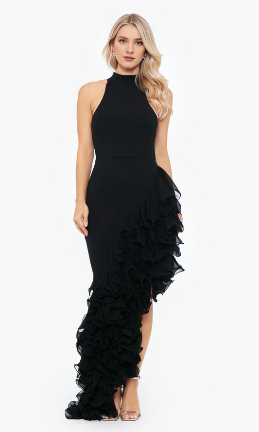 Hanging neck high and low skirt ruffle edge and floor length dress