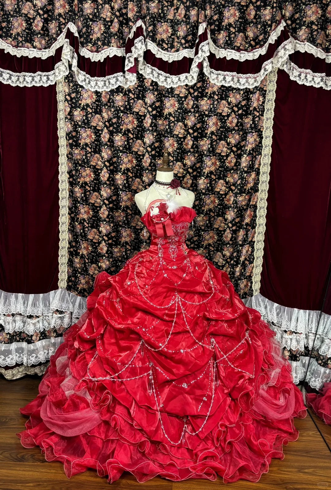 Vintage Red Sweetheart Sequin Strapless A-line 3D Flower Prom Dress Evening Gown HZ1024