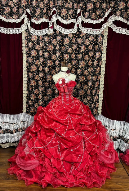 Vintage Red Sweetheart Sequin Strapless A-line 3D Flower Prom Dress Evening Gown HZ1024