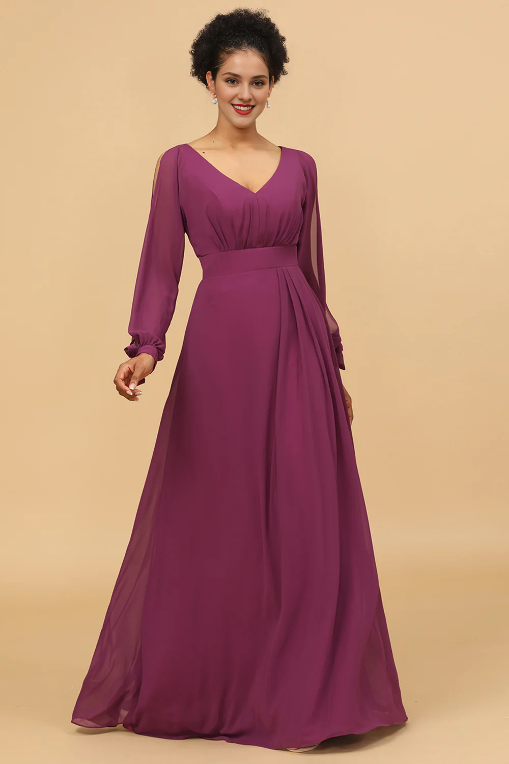 Purple long sleeved bow V-neck chiffon bridesmaid dress