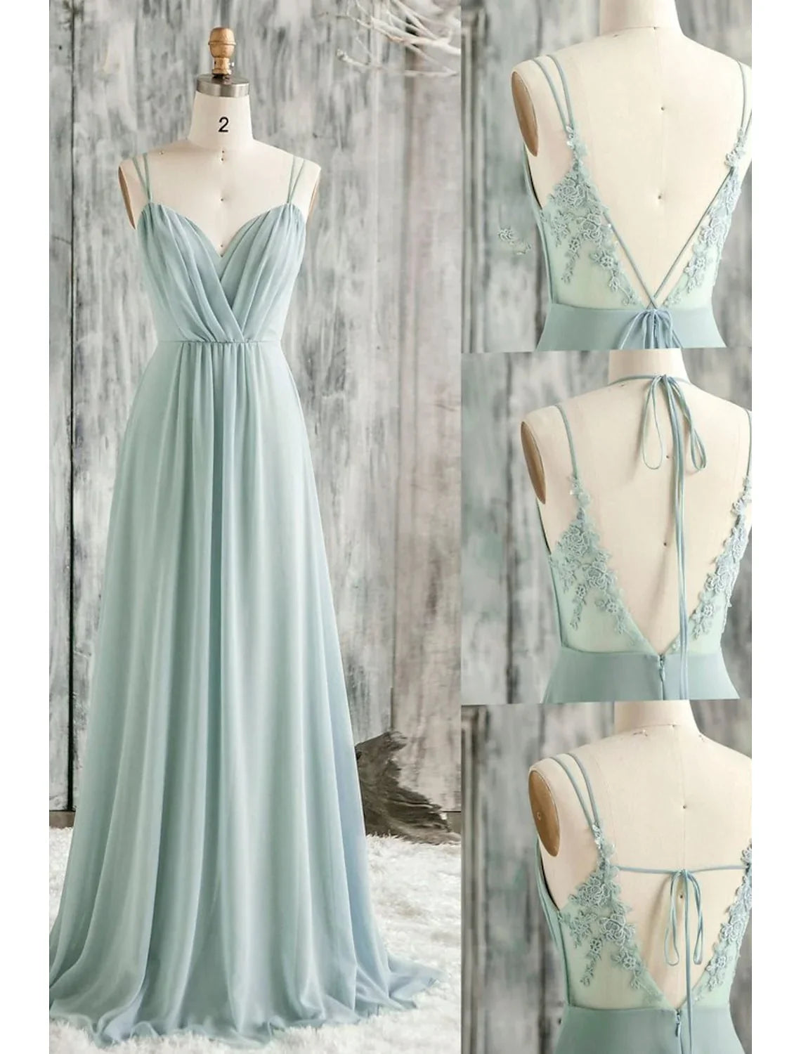 DingjiA-Line Bridesmaid Dress V Neck / Spaghetti Strap Sleeveless Sexy Floor Length Chiffon / Lace with Appliques