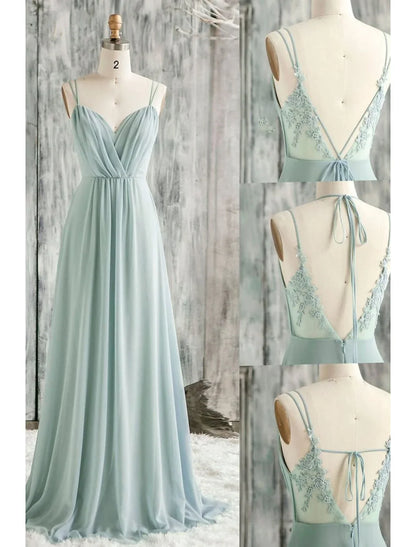 DingjiA-Line Bridesmaid Dress V Neck / Spaghetti Strap Sleeveless Sexy Floor Length Chiffon / Lace with Appliques