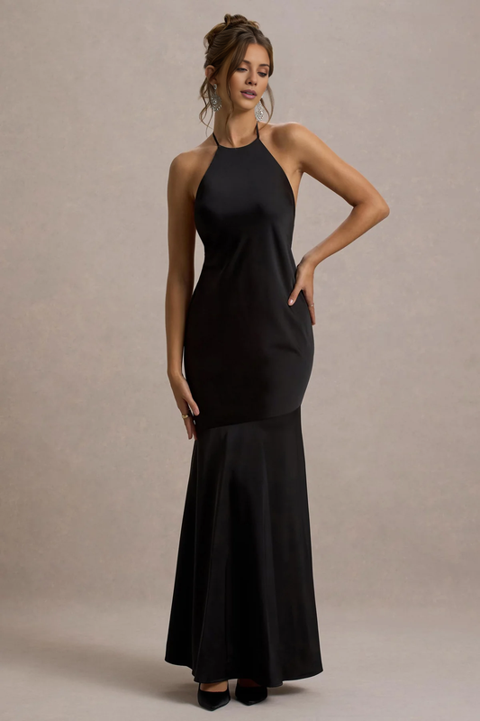 Hanging neck collar satin backless mid length evening dress - Jimiss dress
