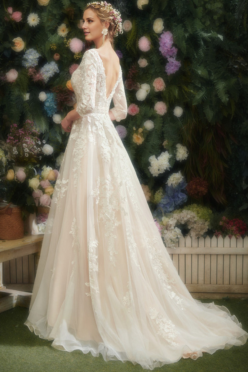 A-line V-neck sweeping trailing skirt 3/4 sleeves sequined chiffon lace wedding dress