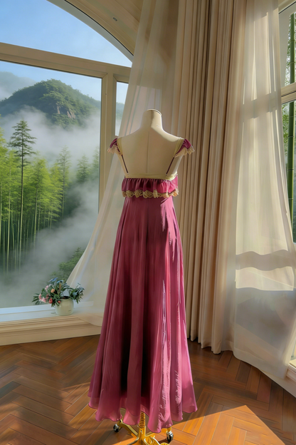Fuchsia Chiffon Ruffle Lace Flutter Sleeve Gown - Vintage Ethereal Backless Maxi Dress gh6964