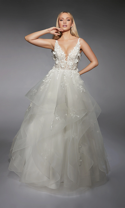 Chiffon lace deep V-neck backless 3D floral lace applique ruffle edge wedding dress